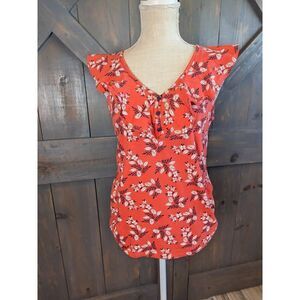 St. John's Bay Shirt Top Tank Women's Medium Orange Floral Ruffle 100% cotton